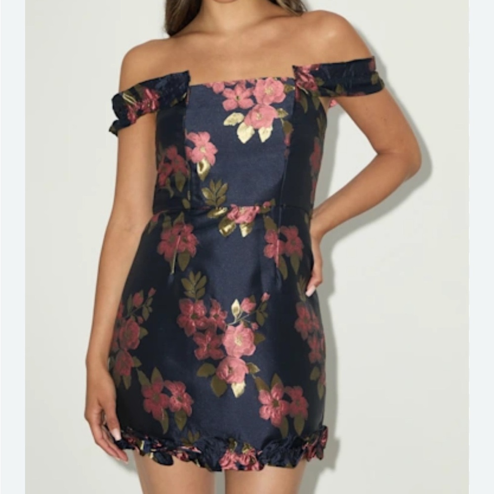 Lulu's Navy and Pink Strapless Floral Dress